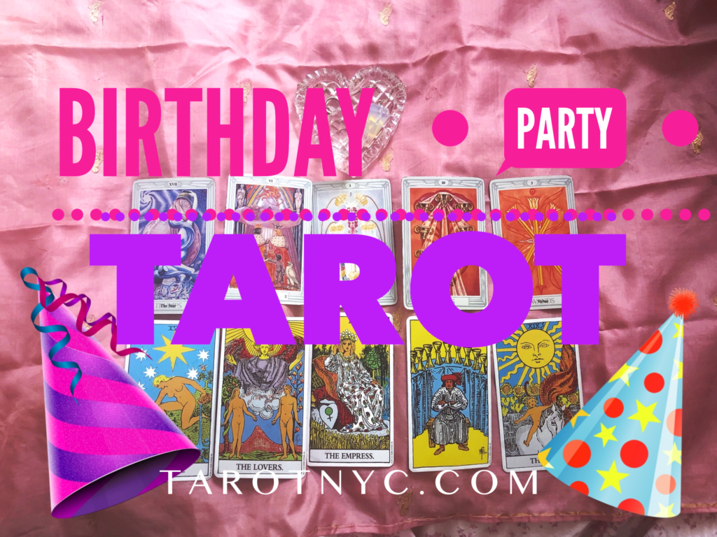 Image of birthday tarot card reading with words birthday party tarot and party hats