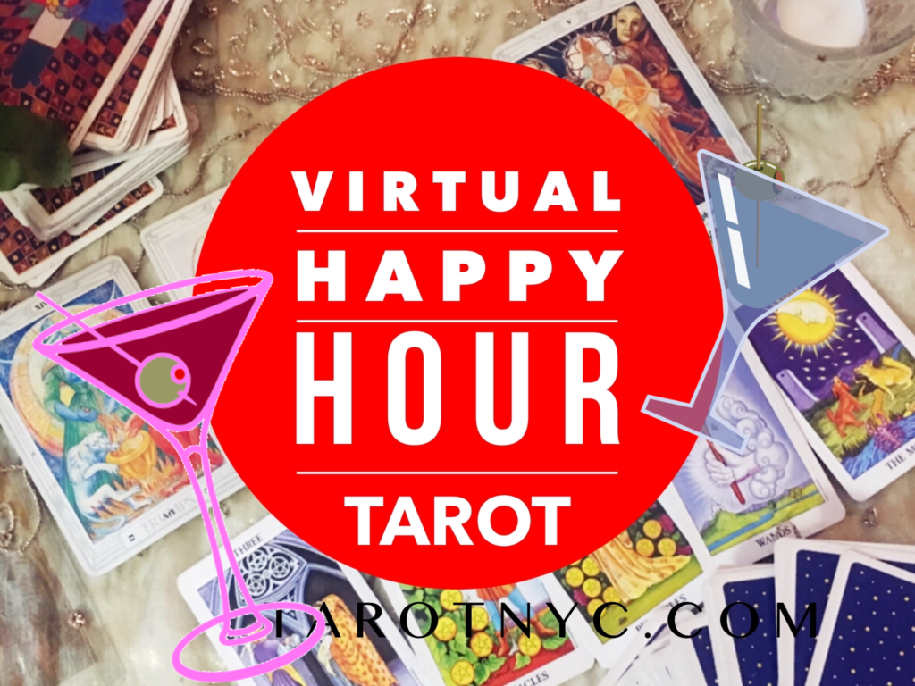 Image of Virtual Happy Hour Tarot Readings with cocktails glasses and Tarot cards